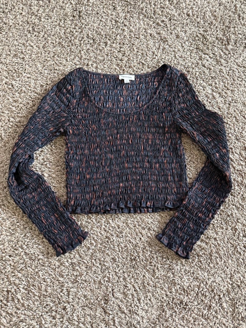Black Smocked Long-Sleeve Crop Top with Rust Detail